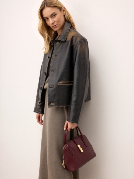 Kastanienbraune Lederhandtasche mit Griffen CYRELLA S