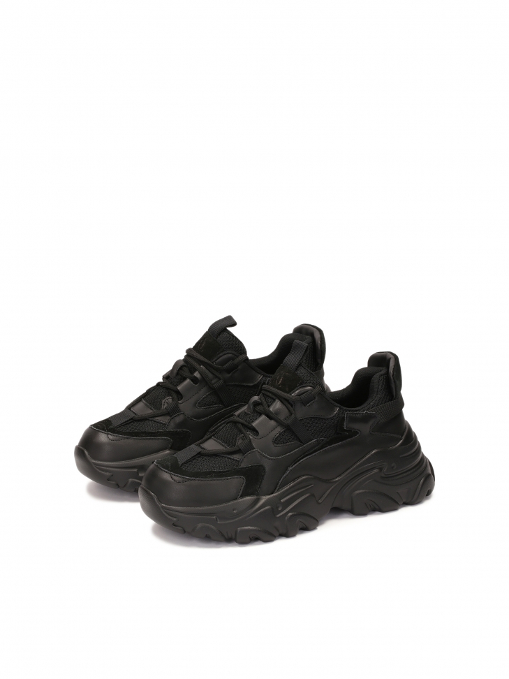 Moderne schwarze Damen-Sneakers aus Leder mit dicker Sohle KS IRA