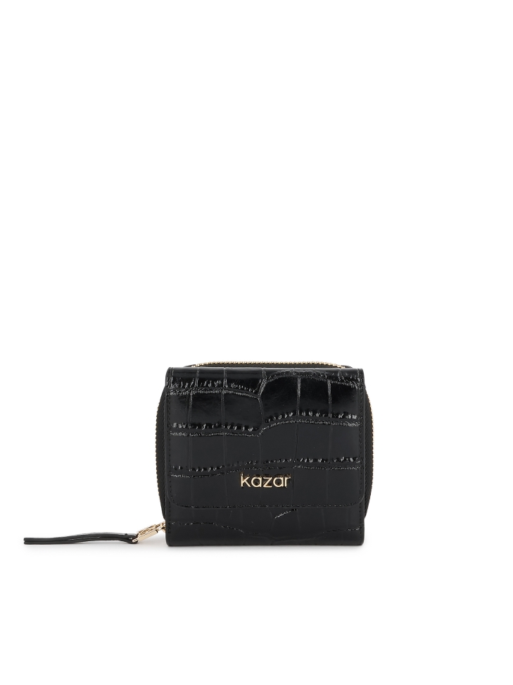 Damenbrieftasche aus geprägtem Leder in Schwarz AMALA