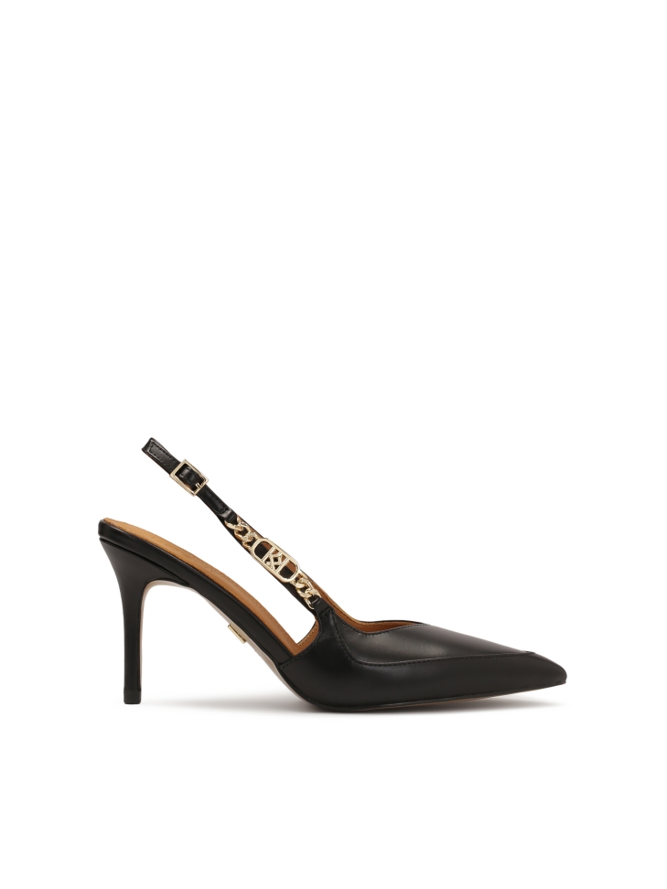 Schwarze Slingback-Pumps mit Metallmonogramm BASILIA